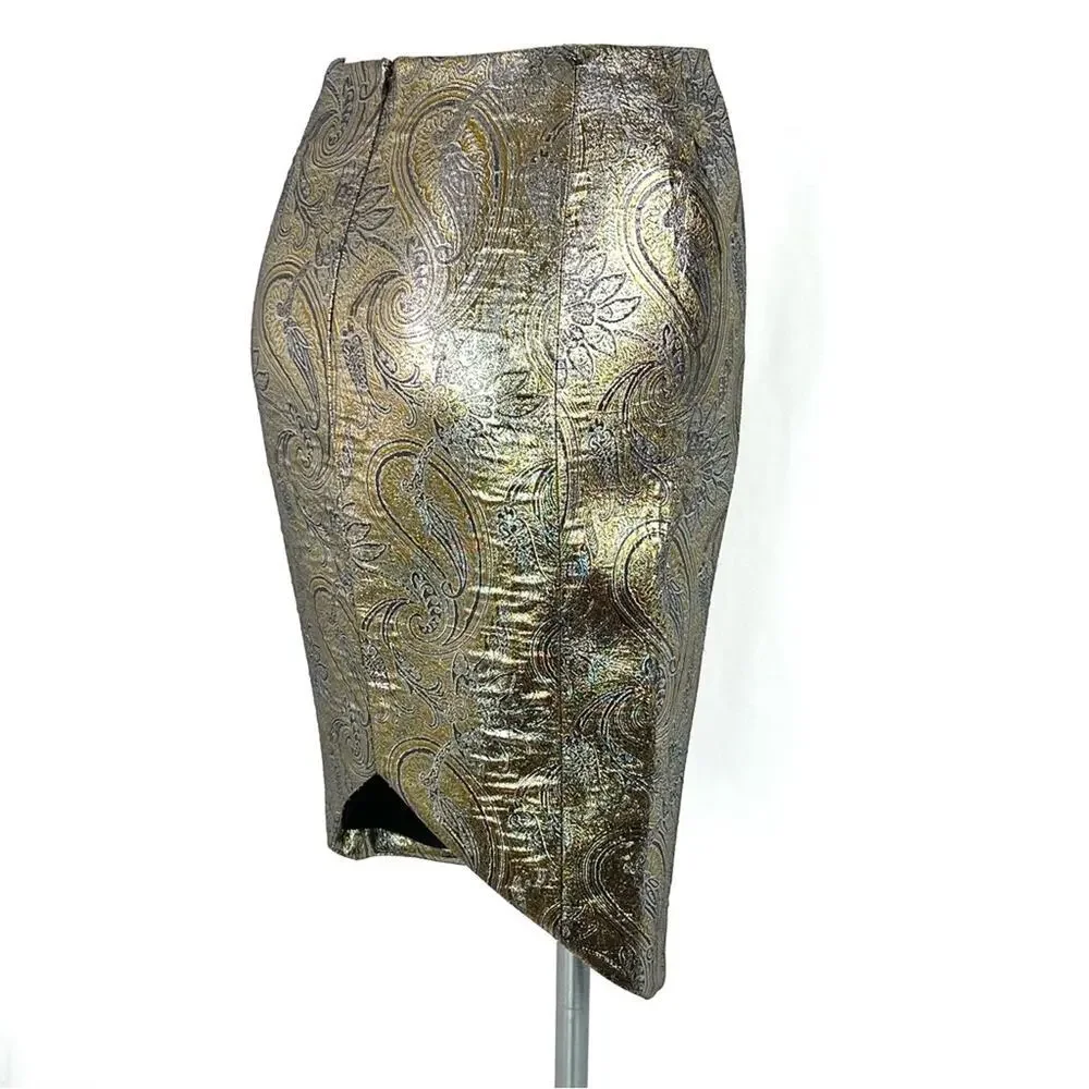 Jenni Kayne Metallic Brocade Knee Length Pencil Skirt XS Designer Silk Blend